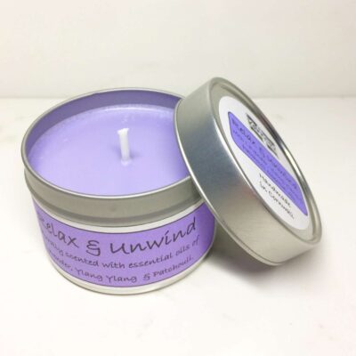 Relax and Unwind Candle with lid off